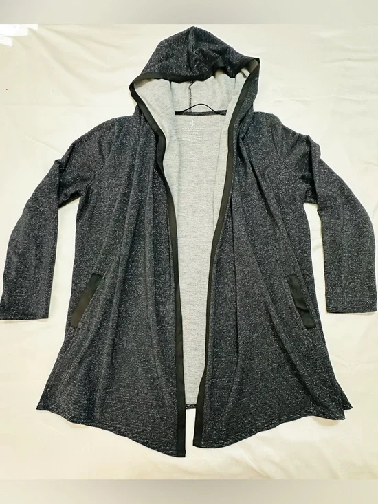 JUICY COUTURE BLACK METALLIC HOODED DRAPE OPEN FRONT CARDIGAN ATHLEISURE XL - Picture 2 of 9